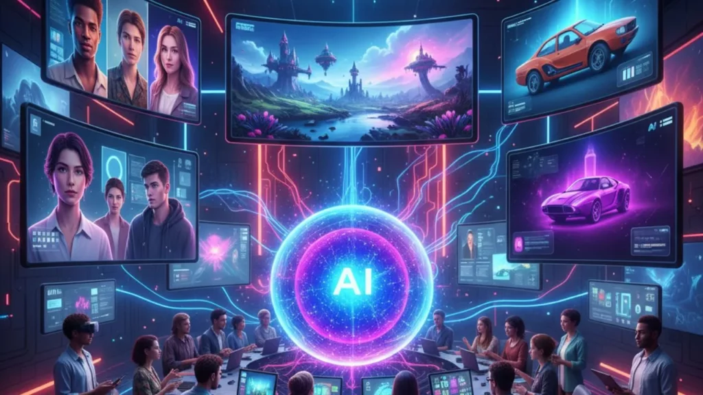 A futuristic control room with people working at screens, a large central AI hologram, and various digital displays showing landscapes and cars.