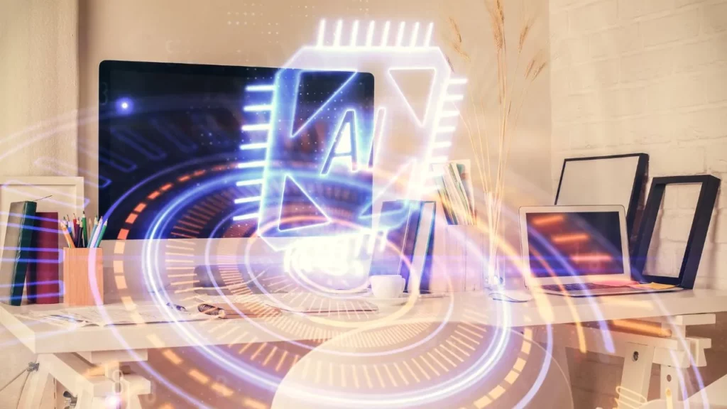 A desk with a monitor and laptop, overlaid with a glowing AI-themed digital graphic and office supplies.