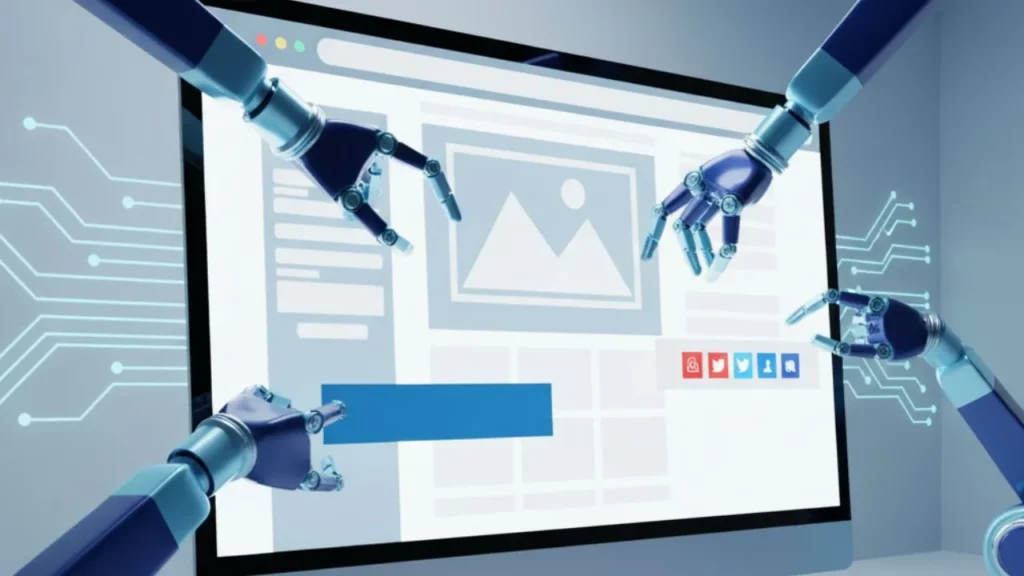 Robotic arms interacting with a digital interface displaying a webpage with a placeholder image and social media icons.