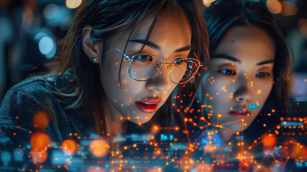 Two individuals with glowing digital effects on their faces, working together in a dimly lit environment with bokeh lights.