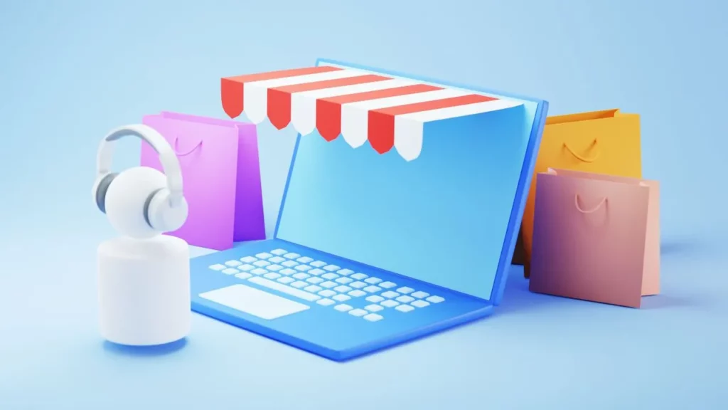3D laptop with shopping bags and awning, blue background.