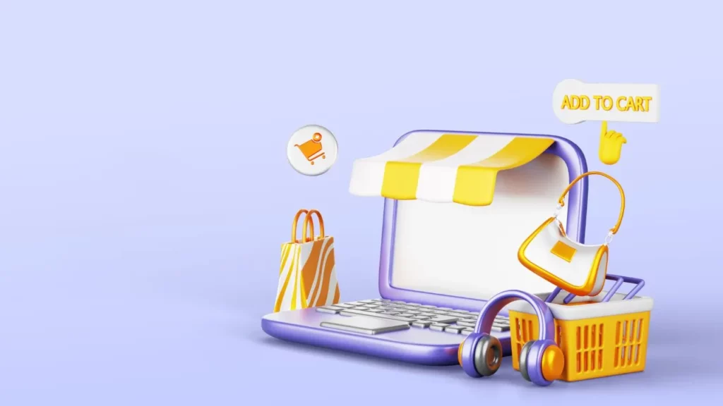 3D illustration of smartphone with shopping elements like cart and bags.