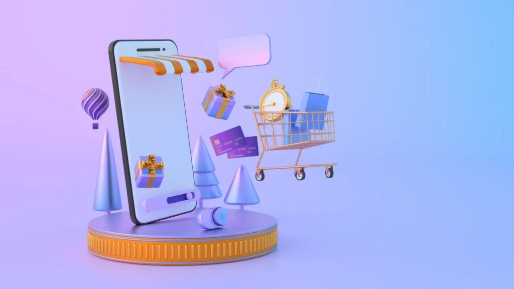 3D laptop with shopping bags and awning.