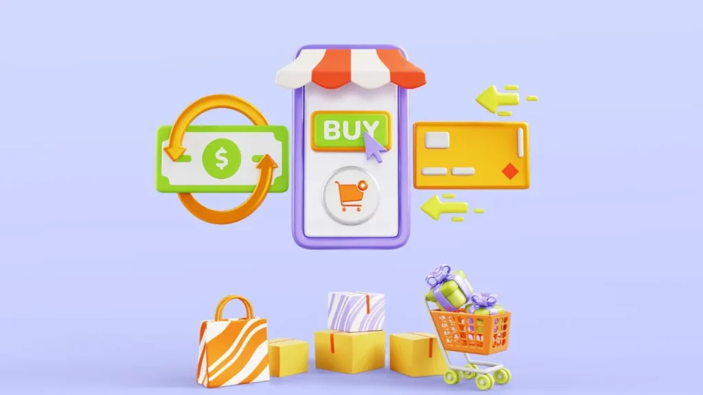 3D smartphone on with shopping items.