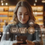 Woman shopping online via smartphone with augmented reality e-commerce icons in café.