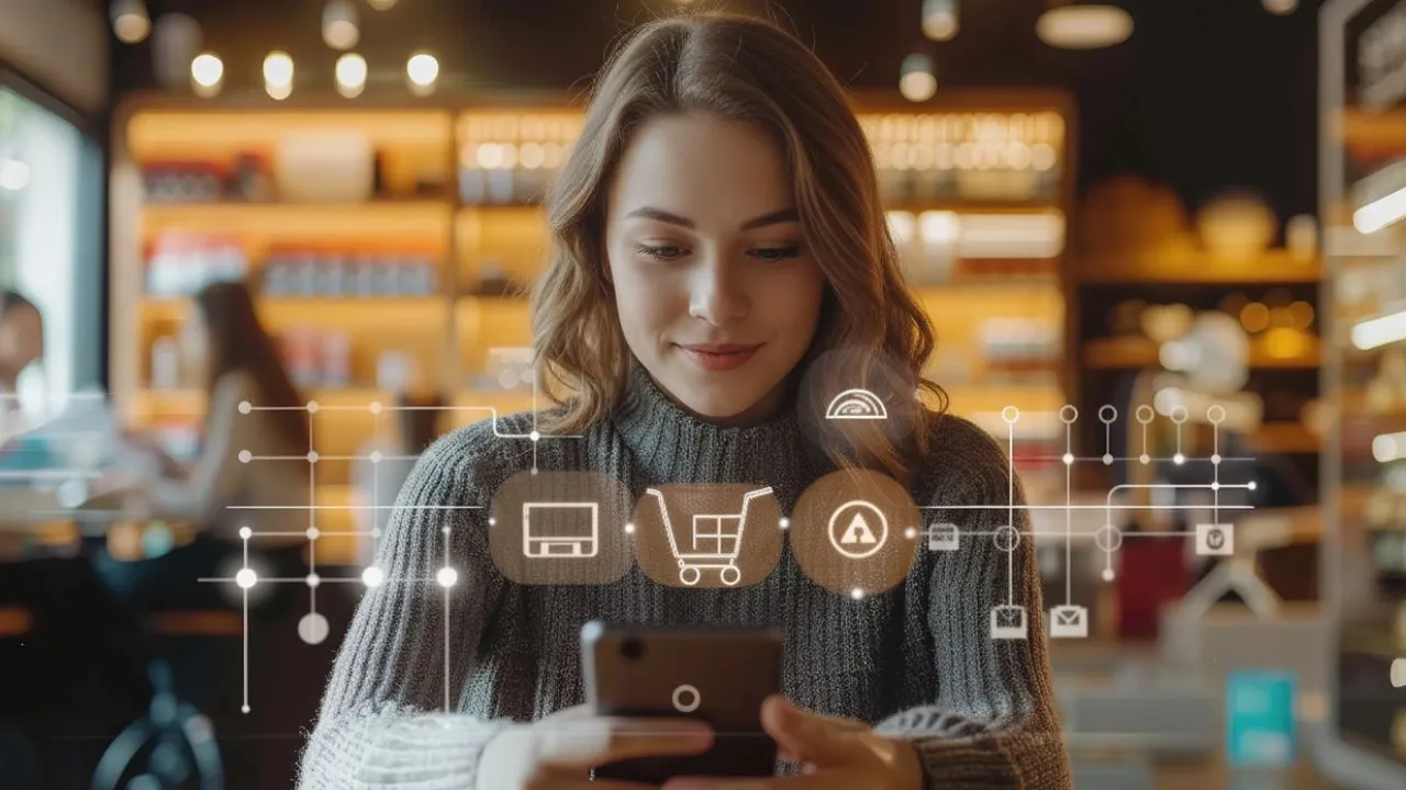 Woman shopping online via smartphone with augmented reality e-commerce icons in café.