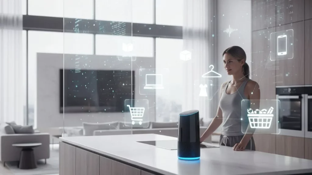 Woman using voice assistant for online shopping in modern kitchen with holographic icons.