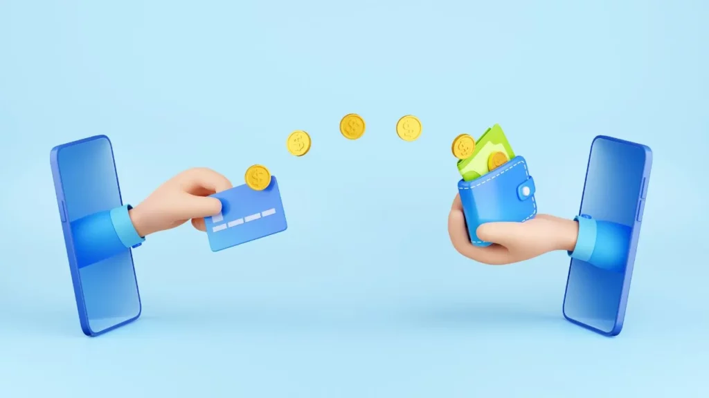 3D illustration of hands exchanging credit card and wallet with coins through smartphones.