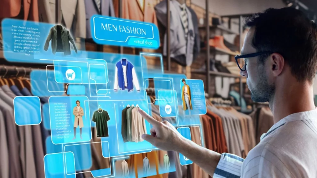 Man with glasses pointing at a holographic virtual men's fashion shop interface displaying various clothing items in a physical store.