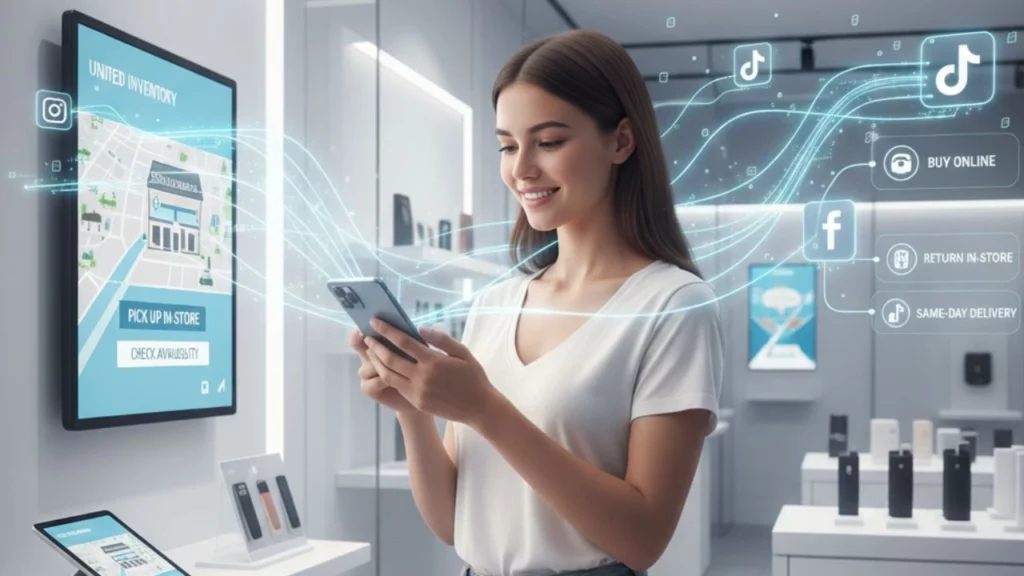 Young woman in a store using her smartphone with a digital screen behind her showing store inventory, pick-up options, and social media integration.