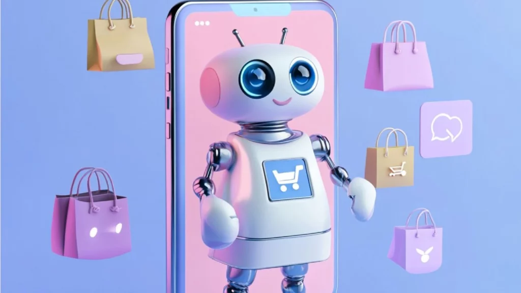 A cute robot with a shopping cart icon on its chest emerges from a smartphone screen, surrounded by floating shopping bags and chat bubbles on a purple background.