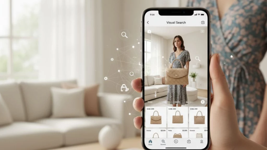 A hand holds a smartphone displaying a visual search feature, showing a woman with a handbag and similar product recommendations below.