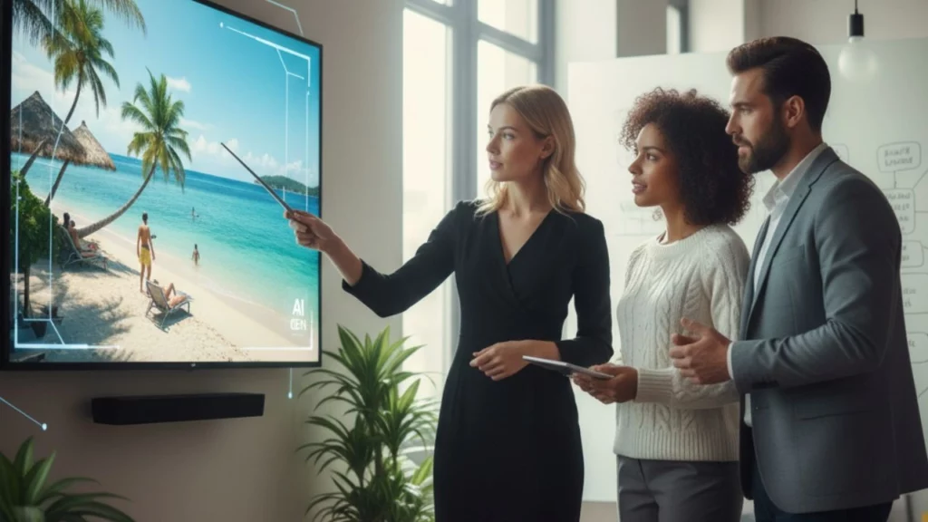 A woman points with a stick at a large screen showing an AI-generated tropical beach scene, while two colleagues observe in a modern office.