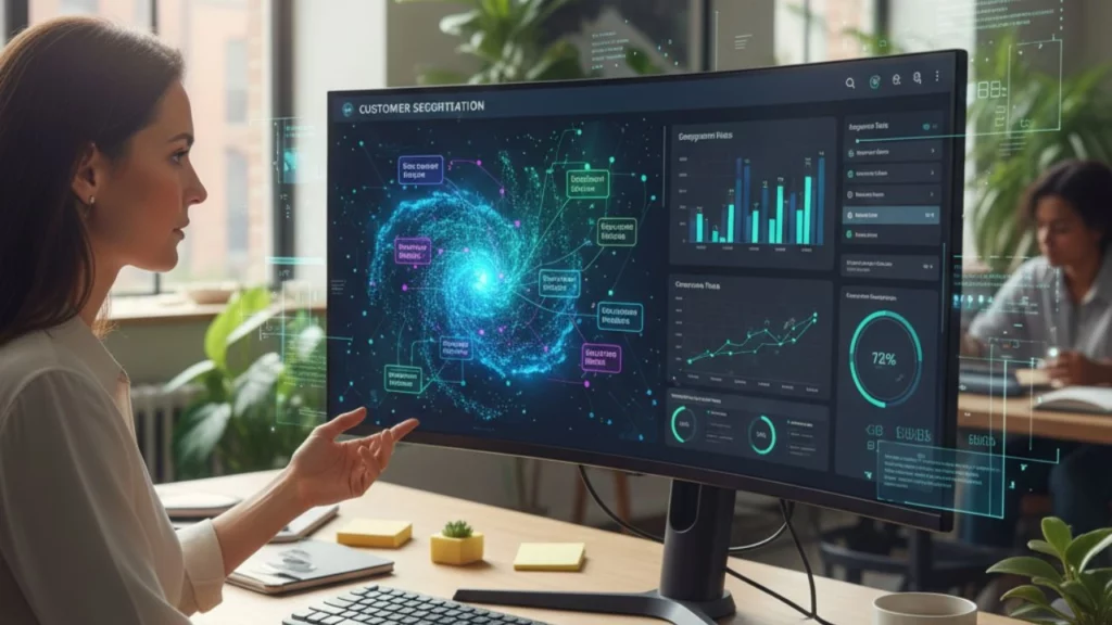 A woman points at a large curved monitor displaying a futuristic customer segmentation dashboard with glowing data visualizations, charts, and analytics.