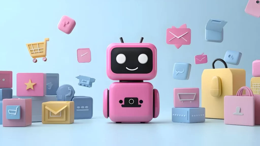 A pink cartoon robot stands amid floating 3D icons including shopping carts, envelopes, stars, and chat bubbles on a light blue background.