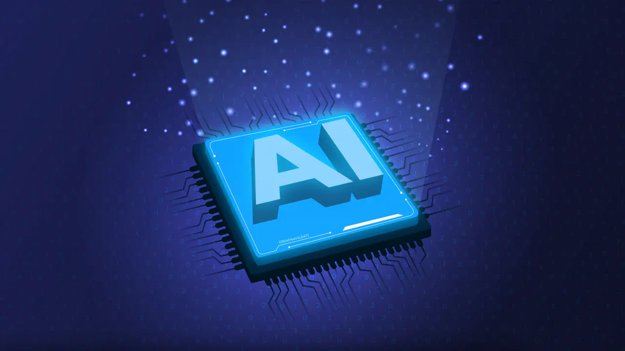 A computer chip with the word "AI," written on it in raised letters.