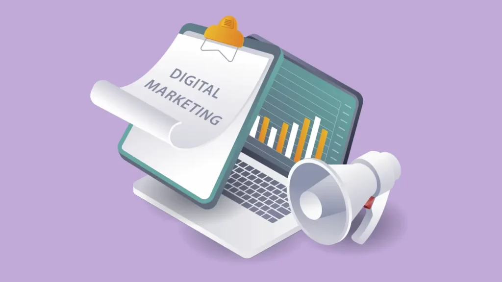 A clipboard with the text "Digital Marketing," written on it, along with a laptop and megaphone.
