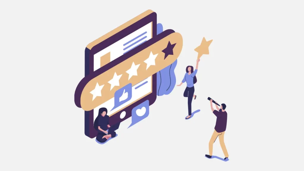 A group of people giving a positive review online.