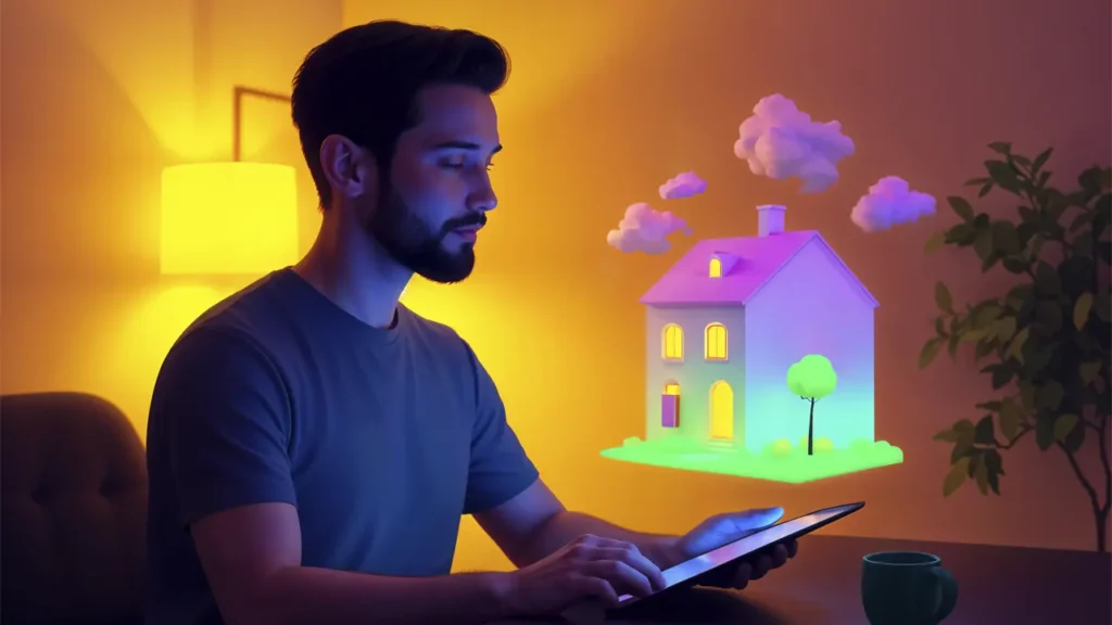 A man looking at an AI-powered hologram on this tablet.