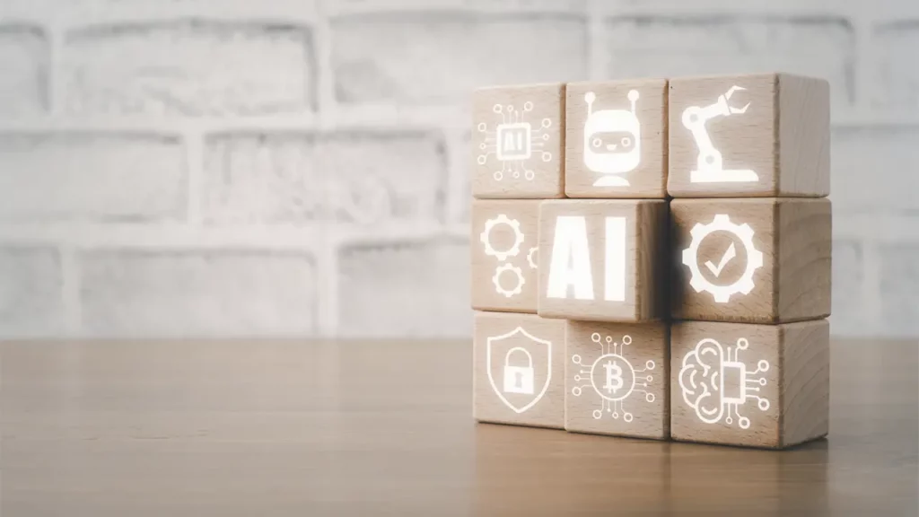 A bunch of stacked wooden blocks with different AI-related symbols on them.
