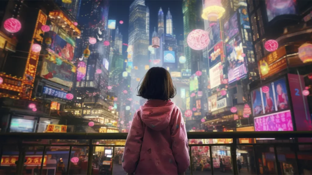A young girl standing in a bright city.