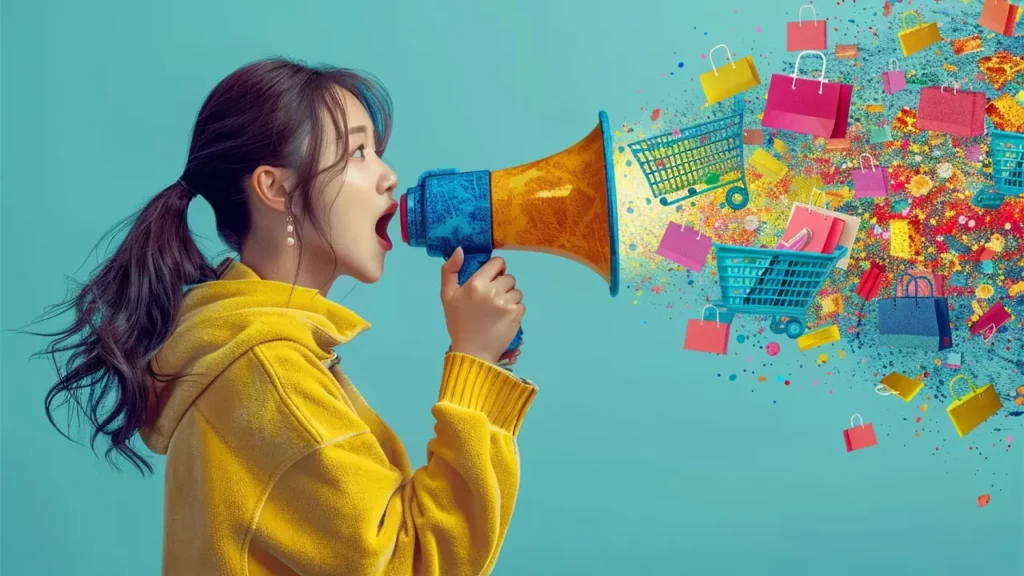 A woman using a megaphone with lots of different marketing elements coming out of it.