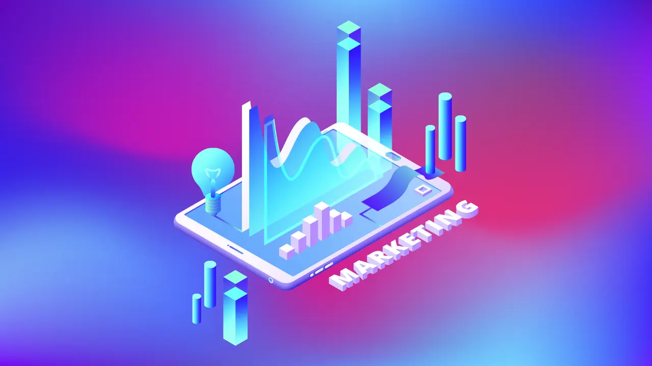 Different digital marketing elements coming out of a tablet.