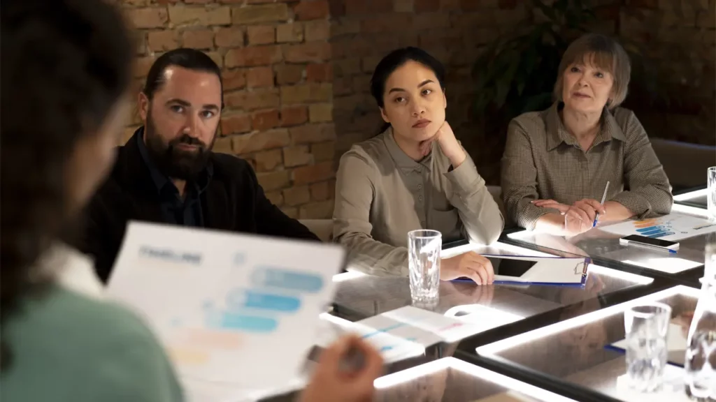 A group of marketers trying to overcome a challenge during a meeting.