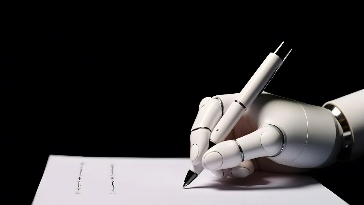 Robotic hand holding a white pen writing on paper against a black background.