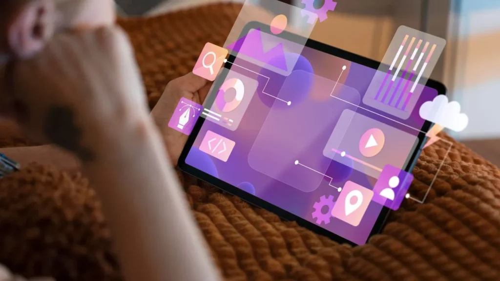 Person holding a tablet with colorful floating digital icons and charts emerging from the screen, representing AI writing and productivity tools.