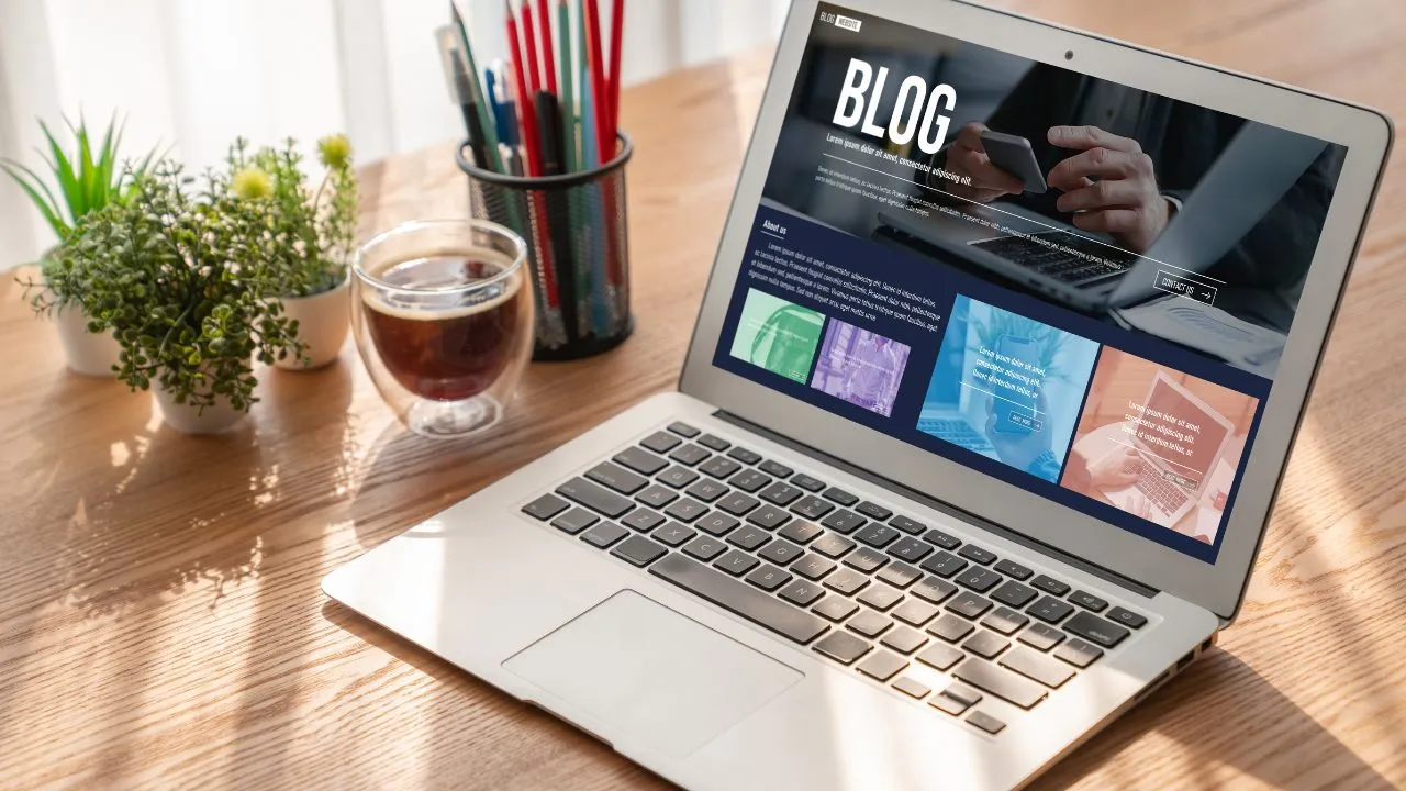 Laptop on desk showing a blog homepage, with coffee and plants nearby.