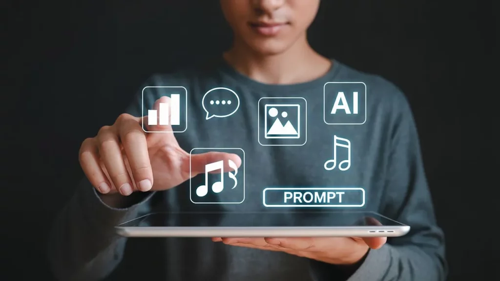 Person holding a tablet with floating holographic AI icons including charts, chat, images, music, and a prominent "PROMPT" button.