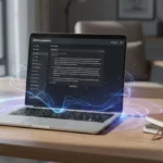 A laptop on a wooden desk displays an "AI Story Generator" interface on its screen, with glowing blue digital waves and sparkles emanating from the keyboard, suggesting AI magic in a cozy home office setting with plants and notebooks nearby.