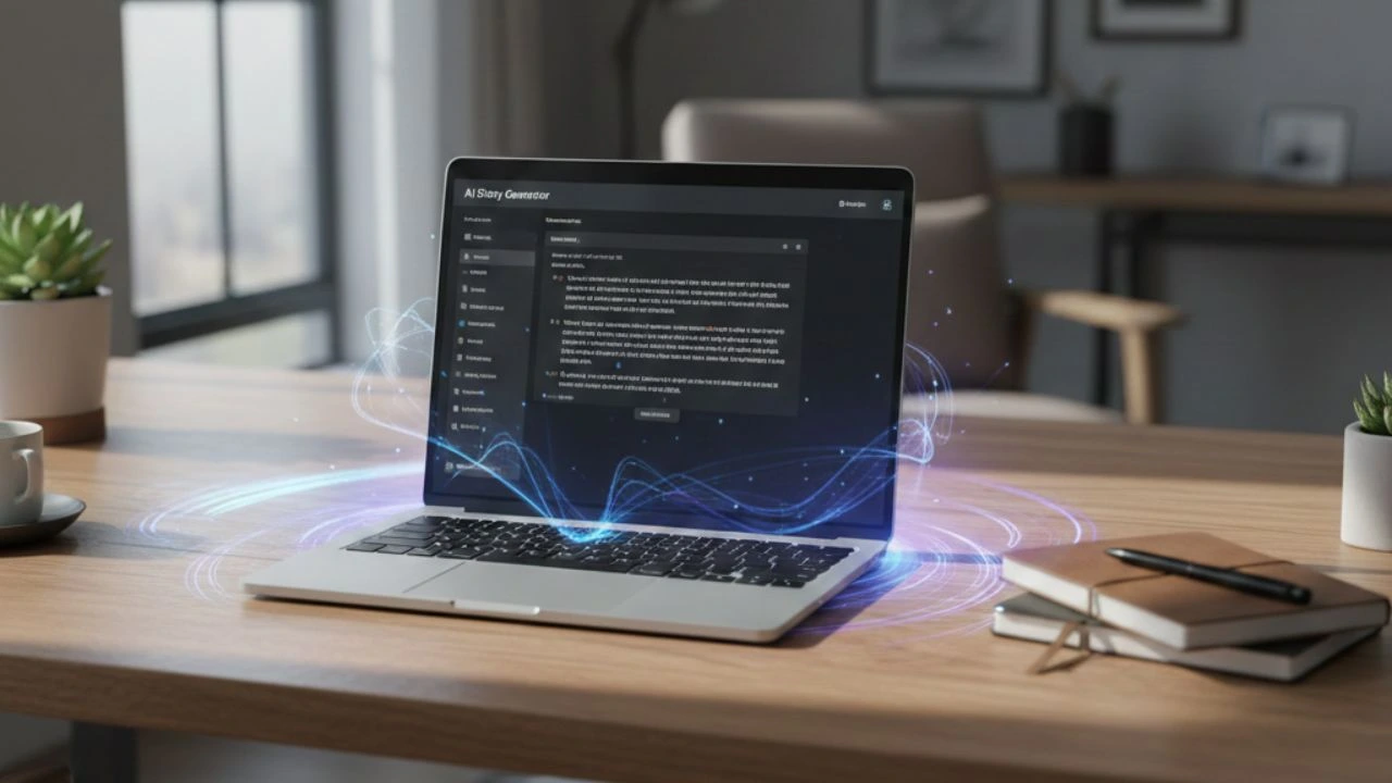 A laptop on a wooden desk displays an "AI Story Generator" interface on its screen, with glowing blue digital waves and sparkles emanating from the keyboard, suggesting AI magic in a cozy home office setting with plants and notebooks nearby.