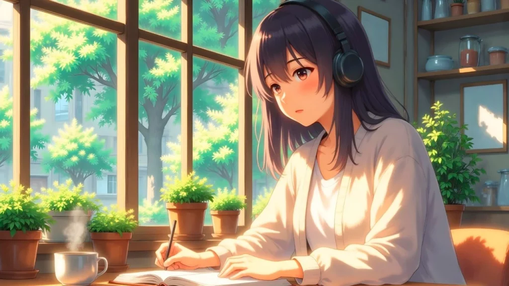 An anime-style illustration of a young woman with long dark hair wearing headphones, sitting by a sunny window surrounded by potted plants, writing in a notebook with a cup of steaming tea beside her.