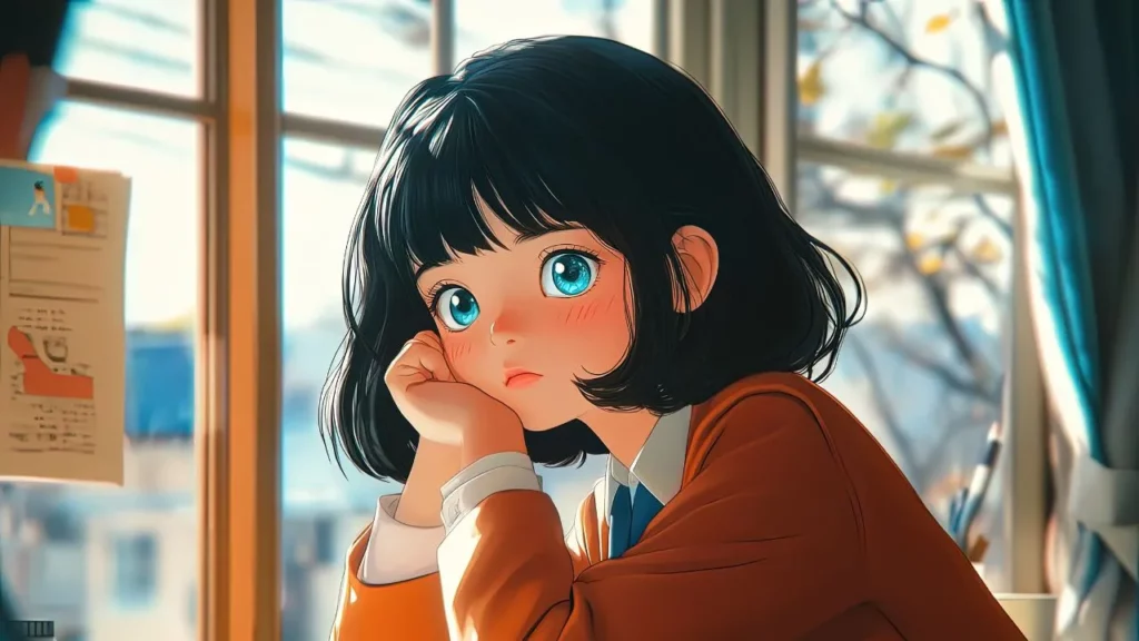 Close-up anime-style illustration of a short-haired girl with large blue eyes and black hair, resting her chin on her hand while gazing thoughtfully out a window on a sunny day.