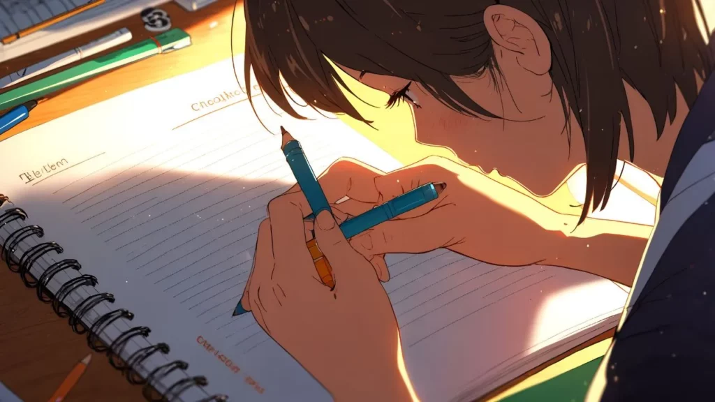 Anime-style close-up of a focused person with short dark hair writing intently in a spiral notebook with a blue pencil, bathed in golden sunlight at a wooden desk.