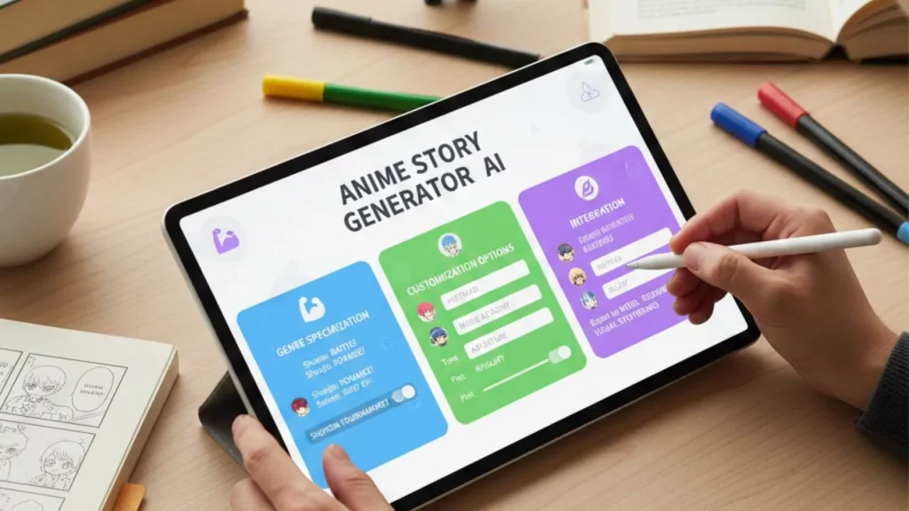 A person using a stylus on a tablet displaying an "Anime Story Generator AI" app interface with colorful panels for genre specialization (listing shonen, romance, isekai, etc.), customization options, and integration features.
