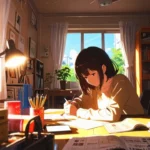 Warm anime-style scene of a short-haired girl in a beige sweater studying or writing at a cluttered wooden desk illuminated by a desk lamp and sunlight from a window, surrounded by books, plants, and stationery.