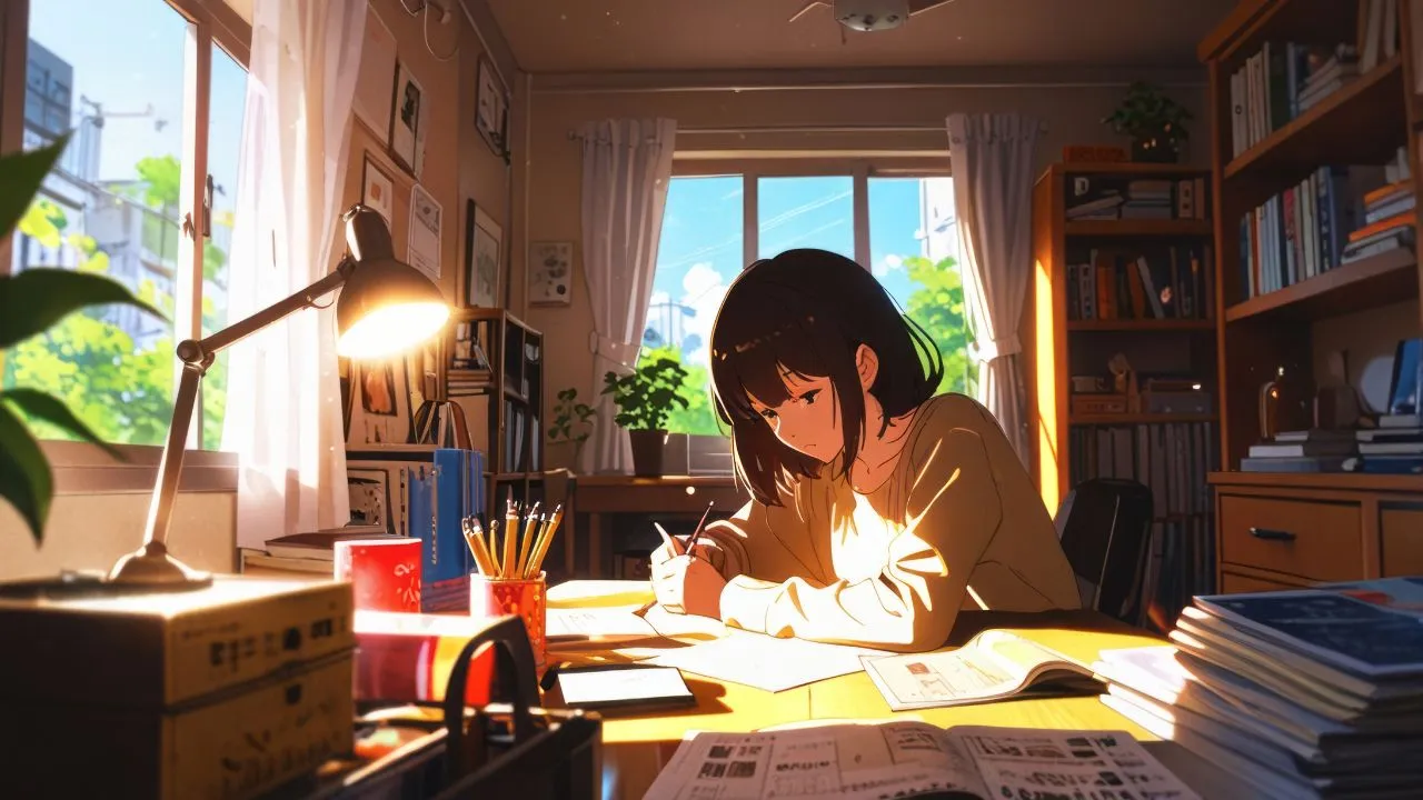 Warm anime-style scene of a short-haired girl in a beige sweater studying or writing at a cluttered wooden desk illuminated by a desk lamp and sunlight from a window, surrounded by books, plants, and stationery.