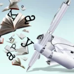 A robotic hand holding a pen, surrounded by flying open books and floating letters.