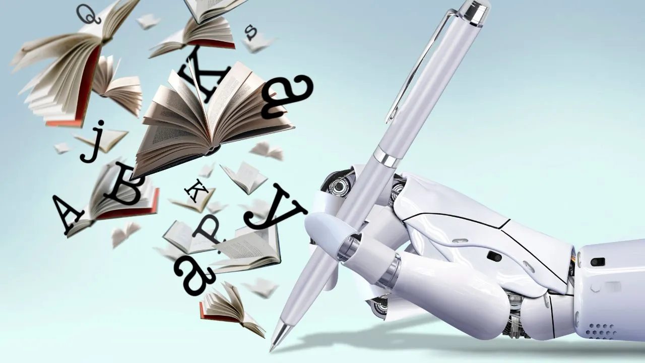 A robotic hand holding a pen, surrounded by flying open books and floating letters.