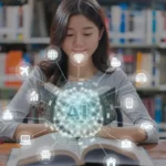 A young Asian woman in a library reading a book, surrounded by floating holographic AI-related icons (brain, network, charts, globe, laptop, connectivity symbols) emanating from the open pages.