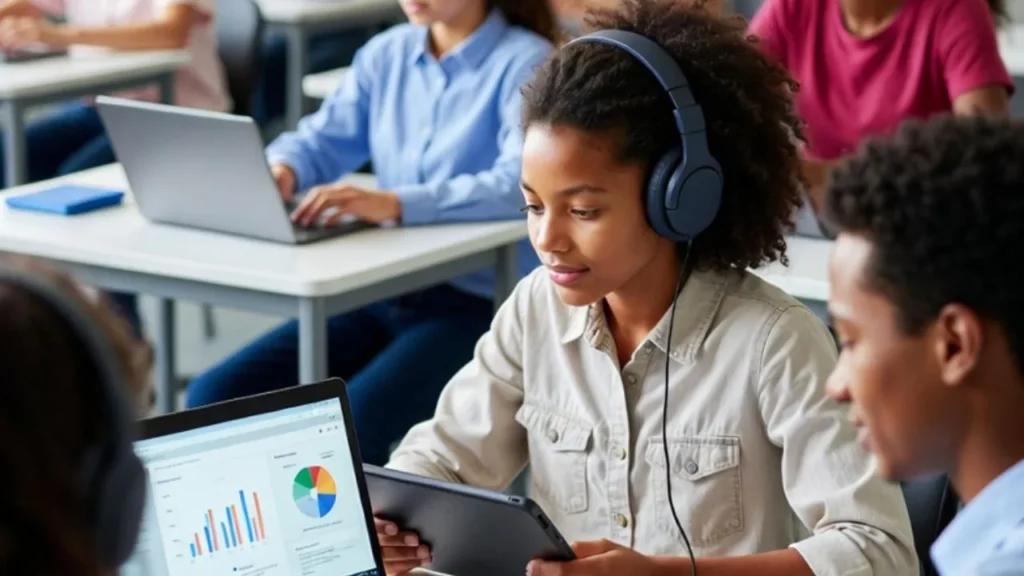 A focused teenage girl wearing headphones, working intently on a laptop and tablet at her school desk, with classmates visible in the background also using devices.