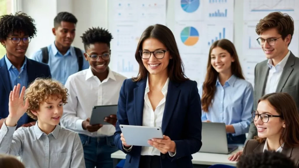 A confident female teacher in a blazer standing in front of a classroom, holding a tablet and smiling while a diverse group of enthusiastic teenagers stand behind her, some raising hands and others smiling.