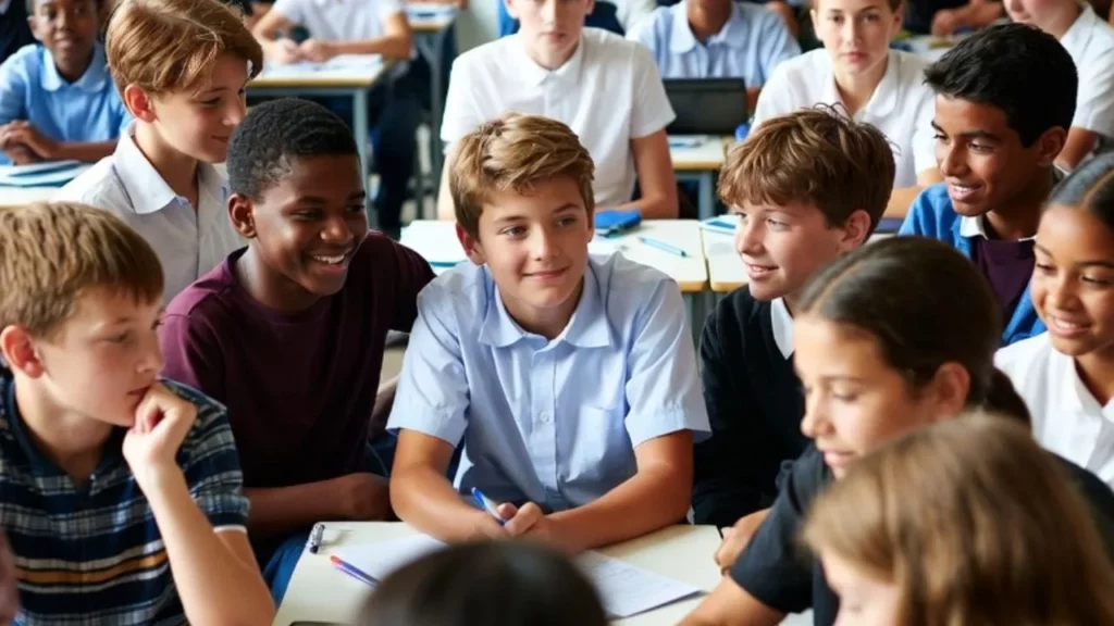 A diverse group of happy middle-school students sitting together at a classroom desk, smiling and engaged in group discussion or collaborative work, with notebooks and pens on the table.