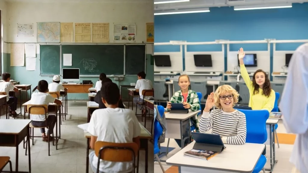 Split-image comparison of two classrooms: on the left, students in an under-resourced school sit at old desks with outdated computers and a chalkboard; on the right, engaged children in a modern classroom raise hands and use tablets in front of interactive whiteboards and advanced tech setups.
