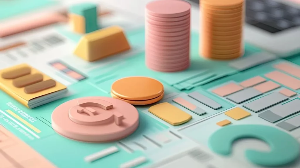 3D colorful abstract arrangement of various coins, tokens, and currency symbols (including dollar, euro, and won) scattered across a teal surface with geometric blocks, representing financial concepts or digital money.