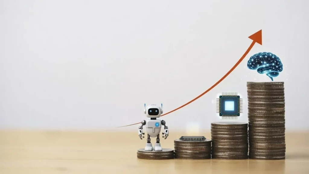 Small robot figurine on stacks of coins showing upward growth with AI brain and microchip graphics.