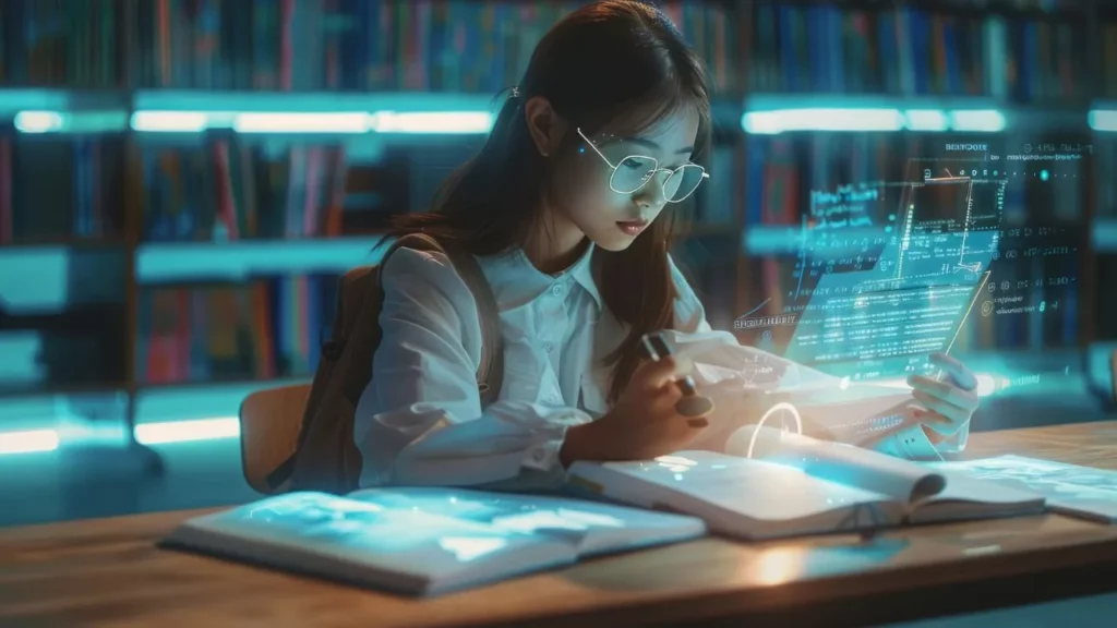 Young woman with glasses studying at a library desk, surrounded by holographic futuristic data projections and glowing code interfaces.